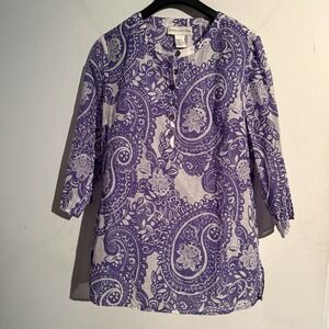 Doncaster Collection Size 4 Floral Cotton Silk Blouse Button Purple 3/4 Sleeve